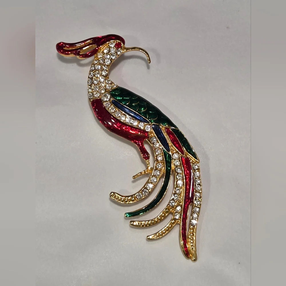 Vintage Multicolored Enamel Rhinestone Goldtone Bird Brooch